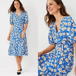 Ann Taylor Floral Puff Sleeve Wrap Dress NWT Sz 6, Spring Summer Blue Dress